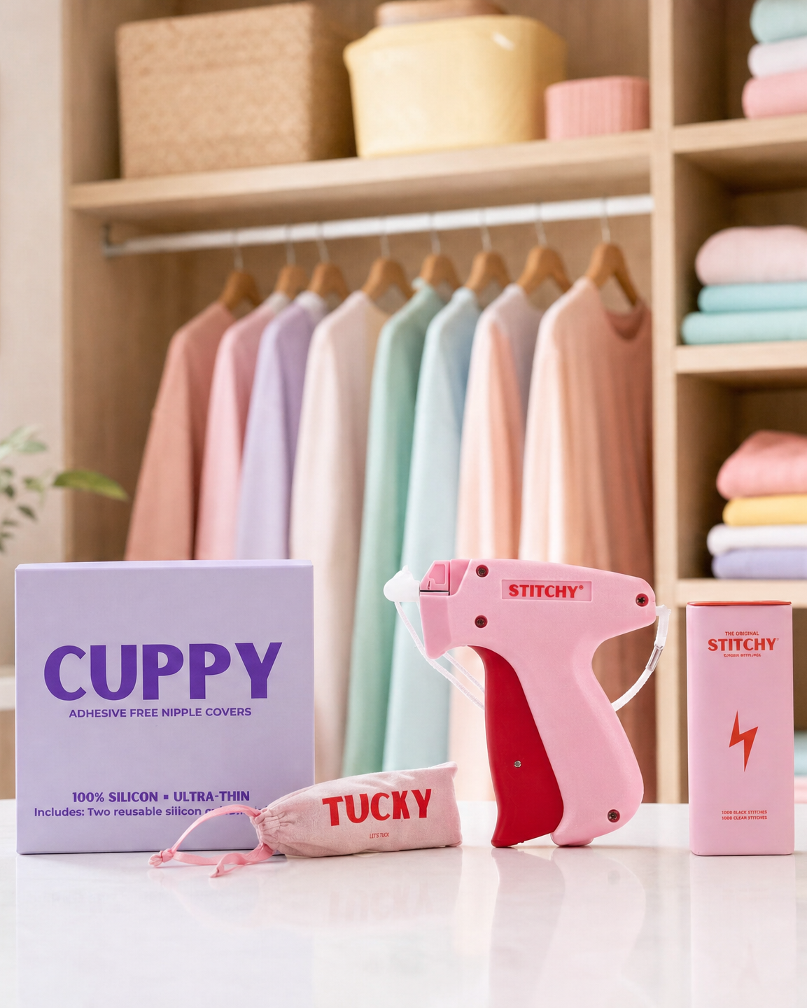 Stitchy, Cuppy, Grippy and Tucky wardrobe tools displayed on a wooden table in a clothing boutique.