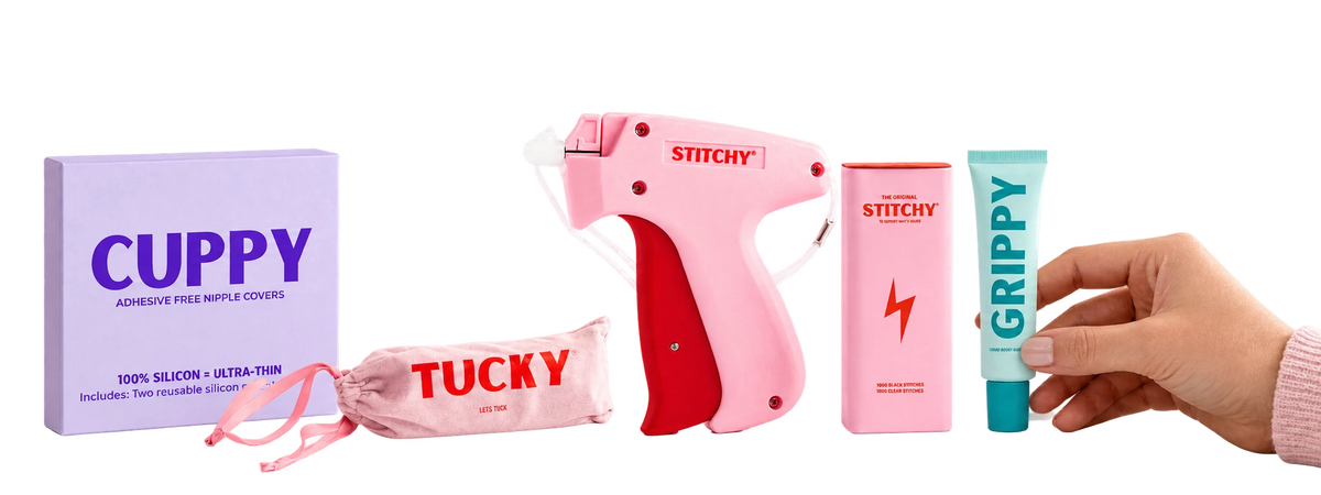 Cuppy box, Tucky pouch, Stitchy tool and refills, with a hand holding Grippy liquid body tape.