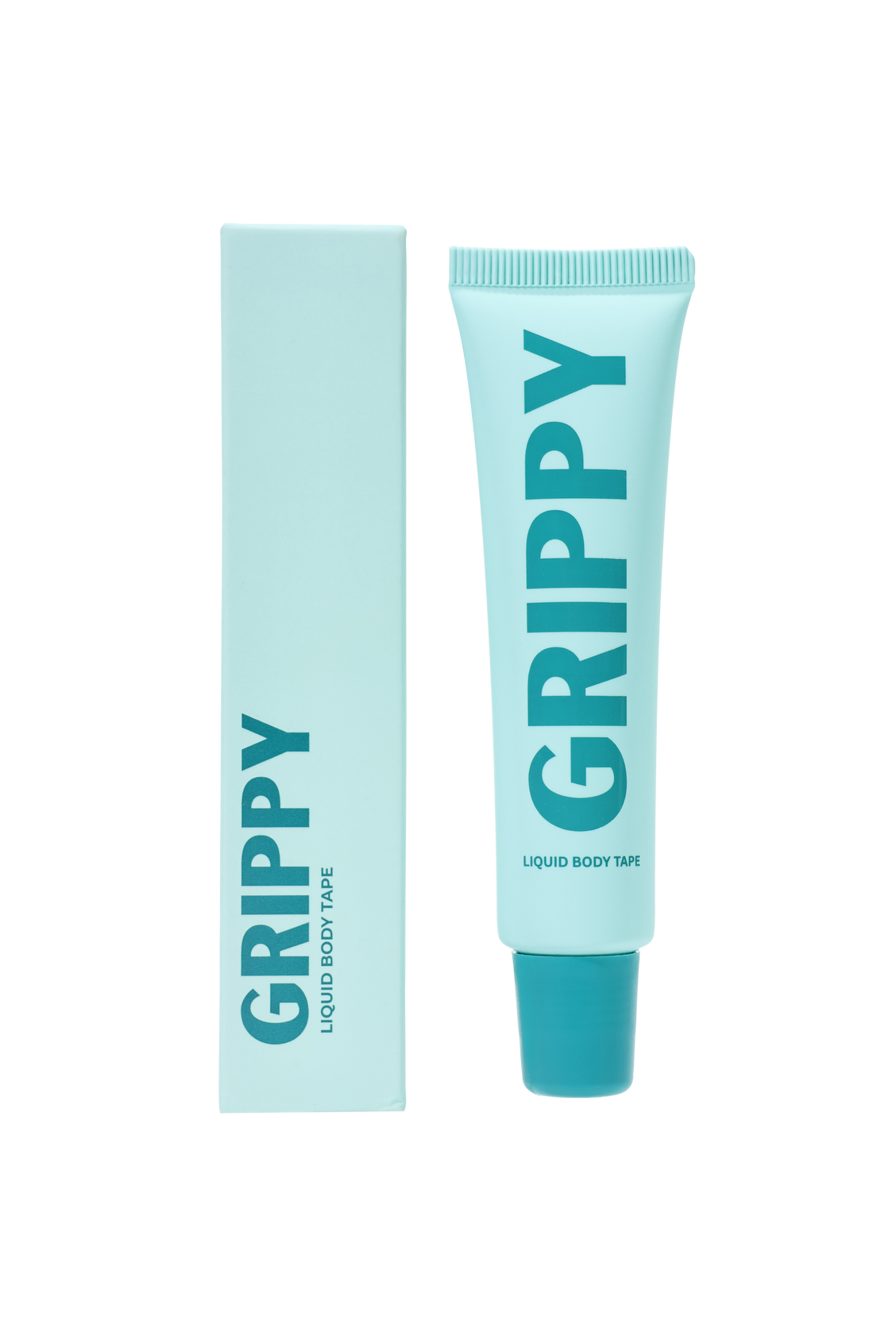 A tube of Grippy liquid body tape standing beside its carton.