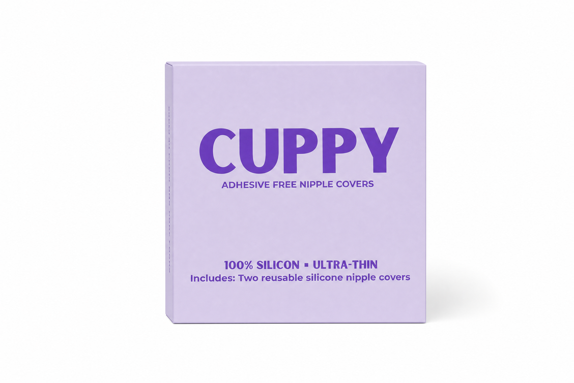 Purple Cuppy adhesive-free nipple cover box on a white background.