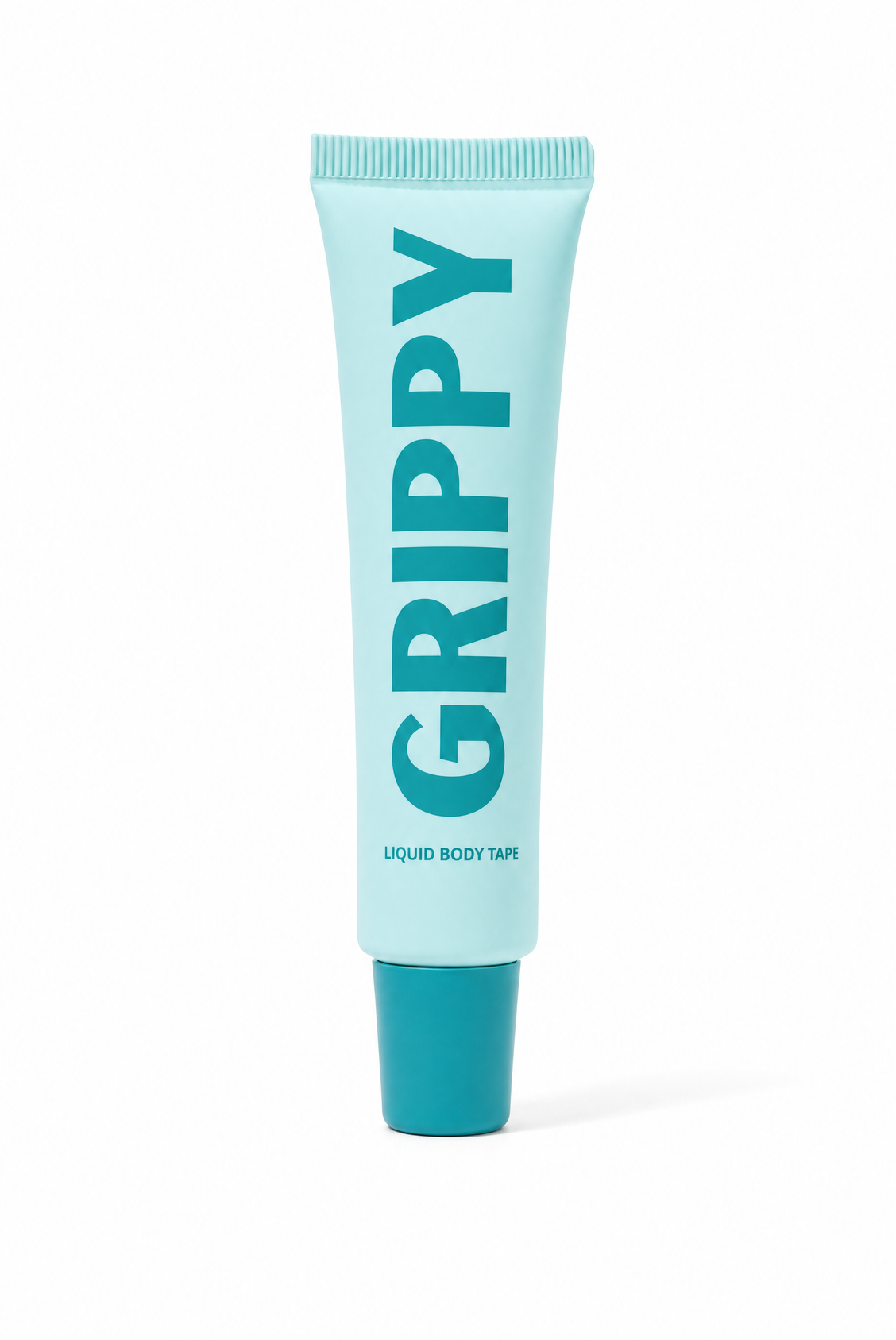 Turquoise Grippy liquid body tape tube on a white background.