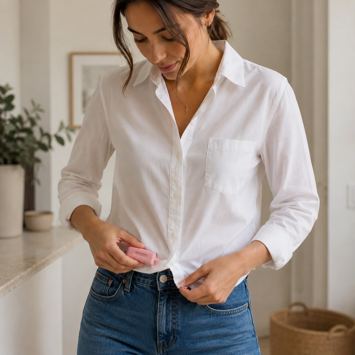Carla tucking the front of her white button-down shirt in place with a pink Stitchy fastening tool, over blue jeans.
