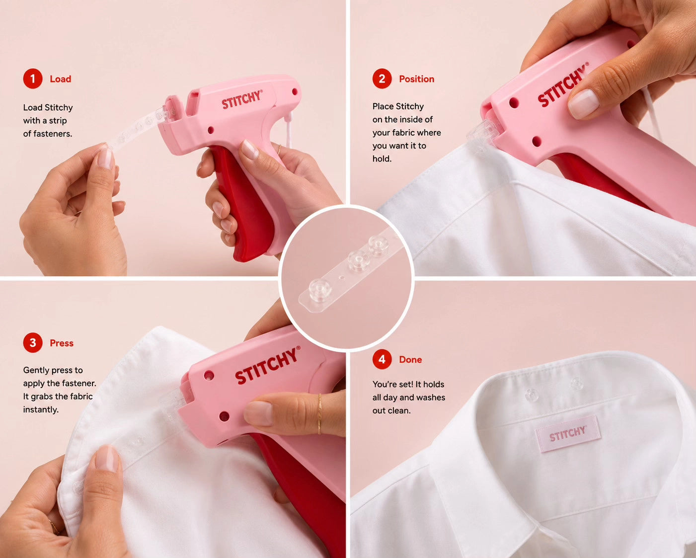 Illustrated four-step guide to loading, positioning, pressing, and using a Stitchy fastener.